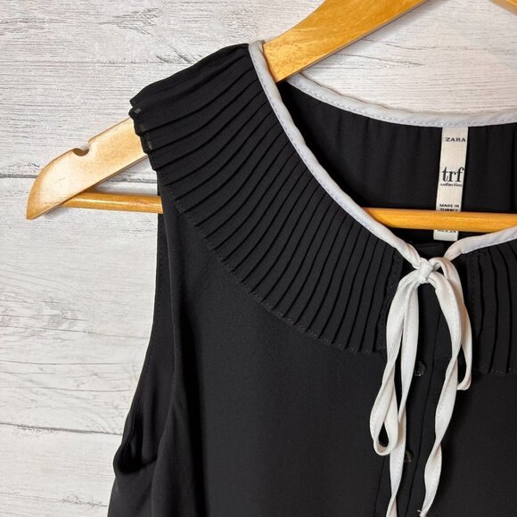 Zara Blouse Womens Size XS Black and White Peter Pan Pleated Collar Sleeveless - Picture 6 of 14